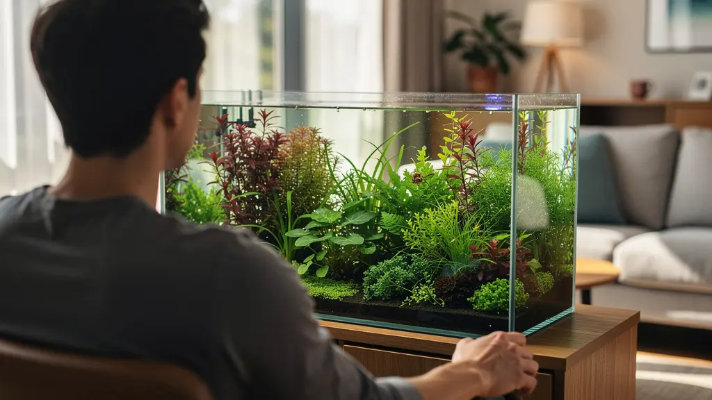 Personne observant son aquarium planté avec plantes in-vitro établies