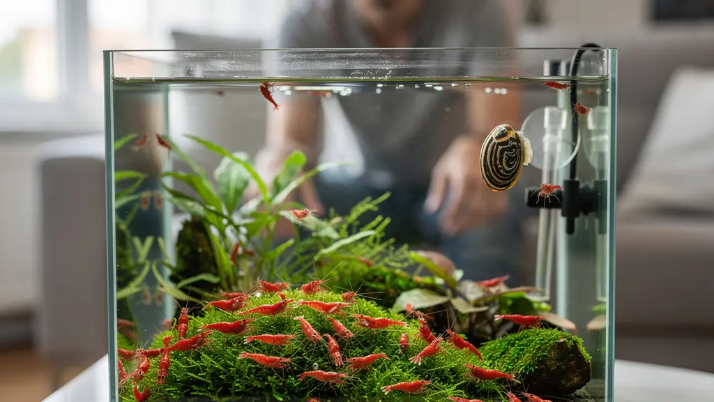 Aquarium planté avec crevettes Neocaridina rouges et escargot Neritina