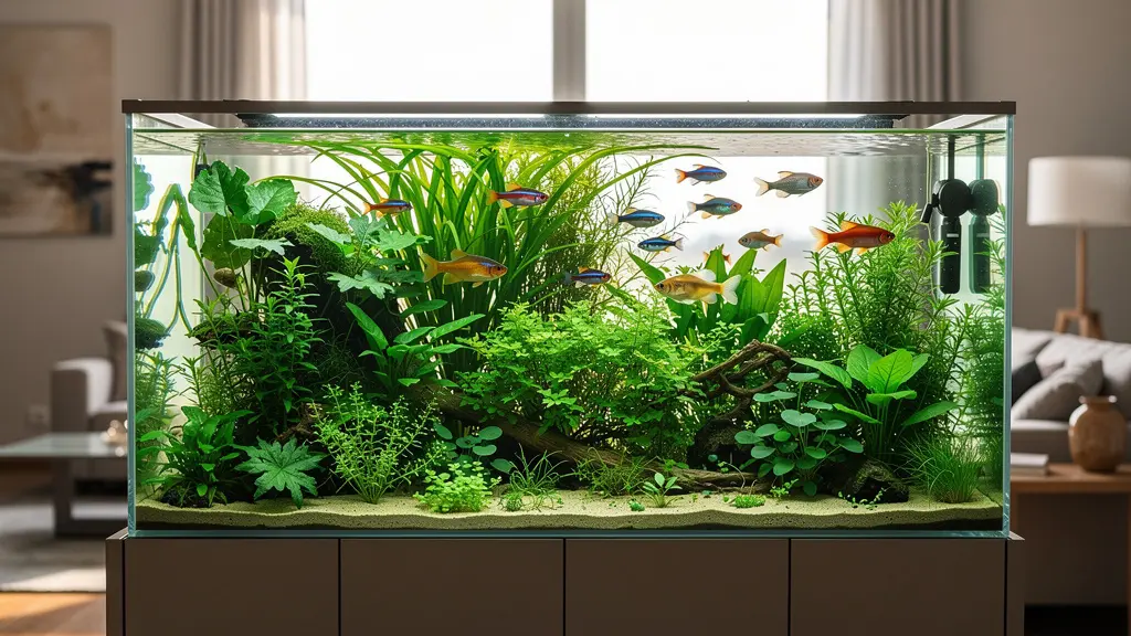 Aquarium planté luxuriant avec plantes in-vitro saines et poissons colorés