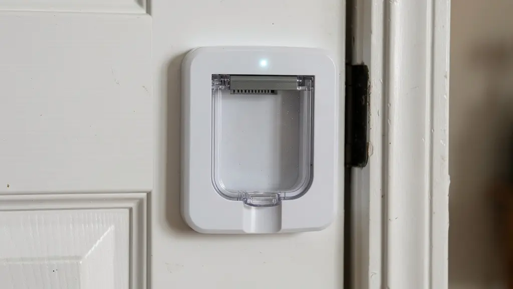 Chatière électronique à puce installée sur porte PVC avec voyant LED