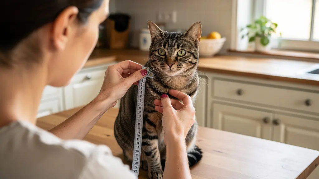 Propriétaire mesurant la hauteur d'épaules de son chat avec mètre ruban