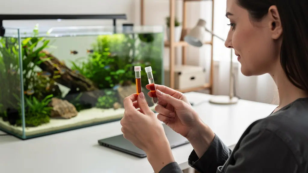 Aquariophile testant les paramètres de l'eau avec un kit de test en gouttes