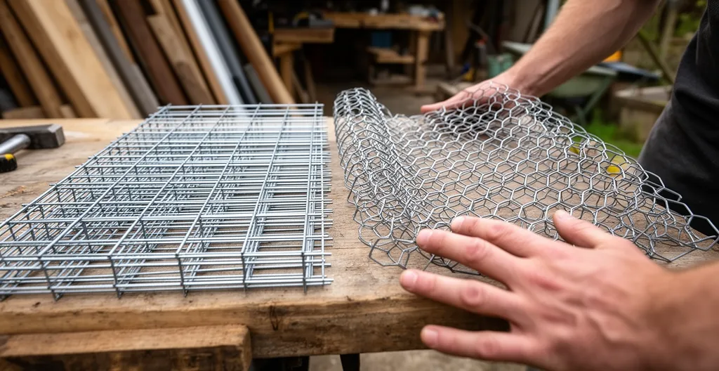 Comparaison visuelle grillage soudé rigide versus grillage hexagonal souple pour volière poule