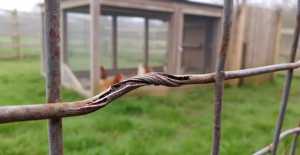 Traces de griffures sur grillage après tentative d'intrusion prédateur