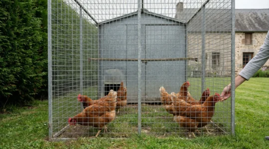 Volière poule sécurisée avec grillage galvanisé dans jardin français