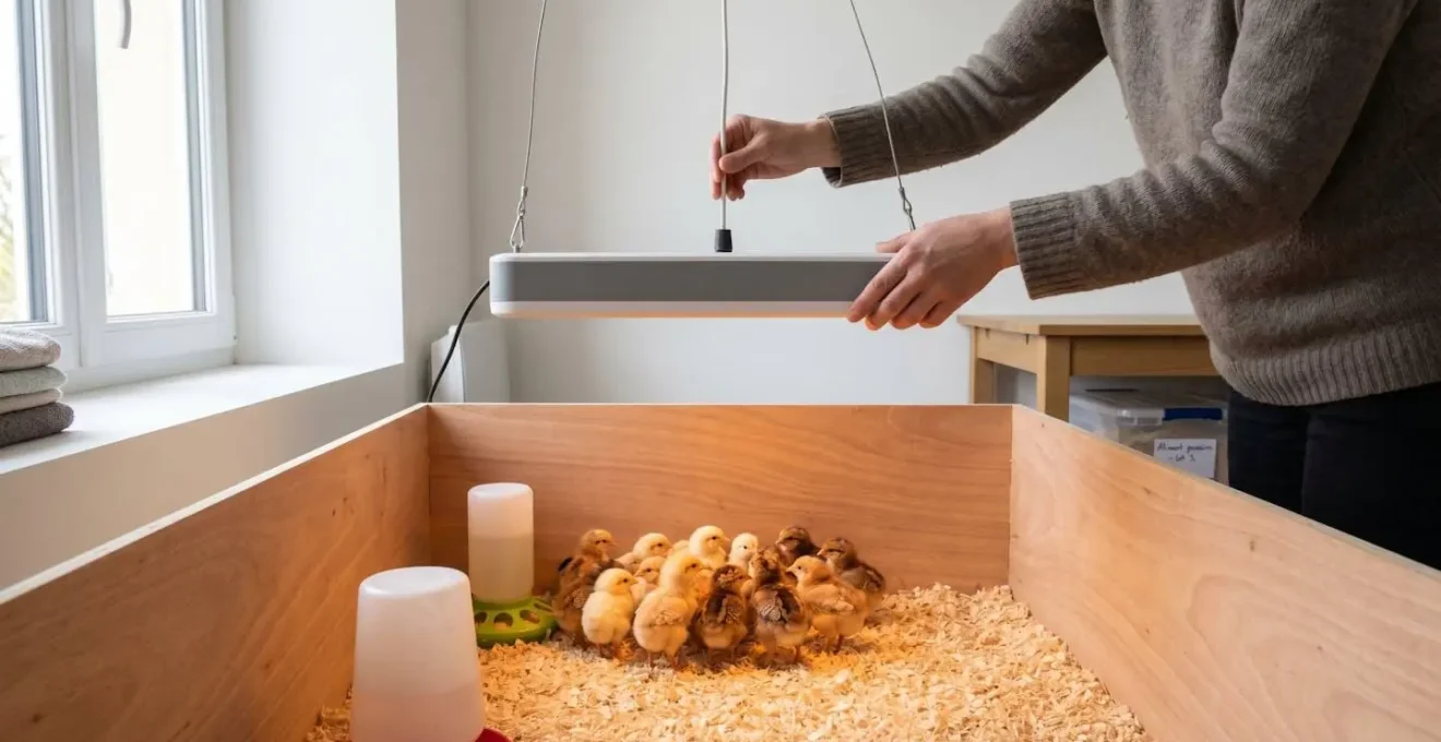 Personne vue de trois-quarts ajustant la hauteur d'un panneau chauffant moderne au-dessus de jeunes poussins dans une éleveuse d'intérieur