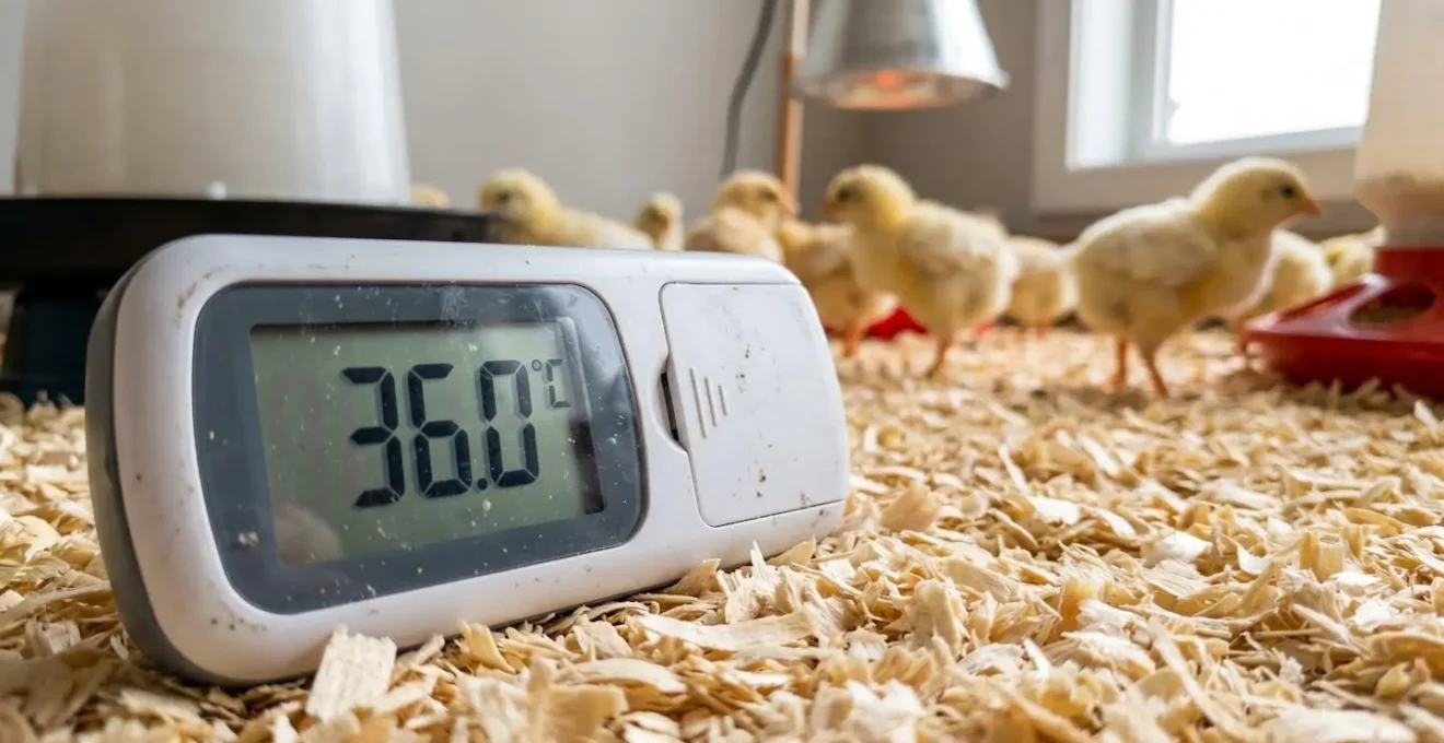 Thermomètre digital affichant précisément 36°C positionné au niveau du sol d'une éleveuse parmi les copeaux de bois avec de jeunes poussins visibles en arrière-plan flou